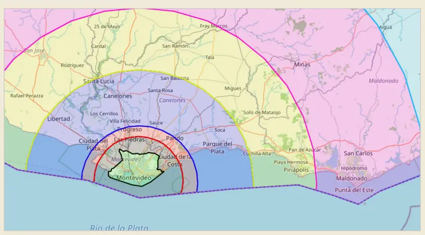 Mapa de zonas de cobertura de Che Pizza en Uruguay